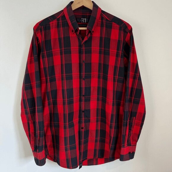 Le 31 Simons Men’s 15.5 R Red Black Plaid Long Sleeve Button Down Shirt Casual - Picture 1 of 10